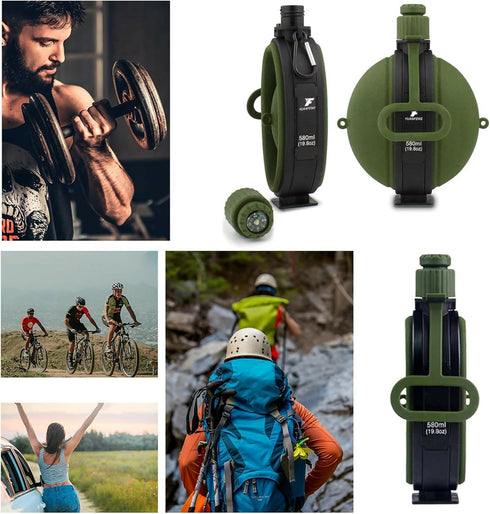 Camping Collapsible Water Bottle | Portable Compass Silicone Hydration Flask 580ml
